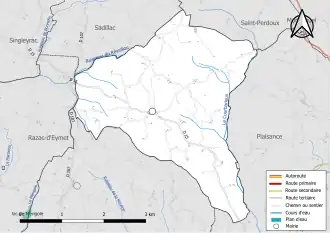 Carte en couleur présentant le réseau hydrographique de la commune