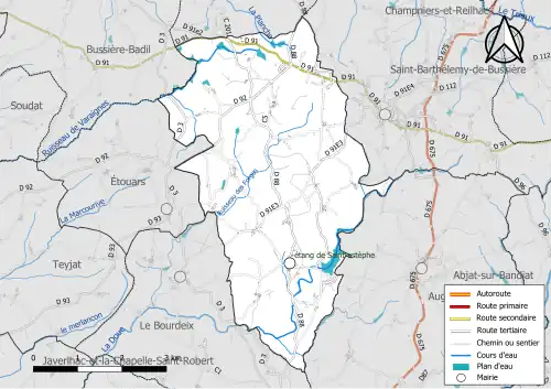 Carte en couleur présentant le réseau hydrographique de la commune