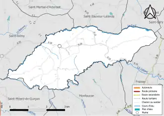 Carte en couleur présentant le réseau hydrographique de la commune