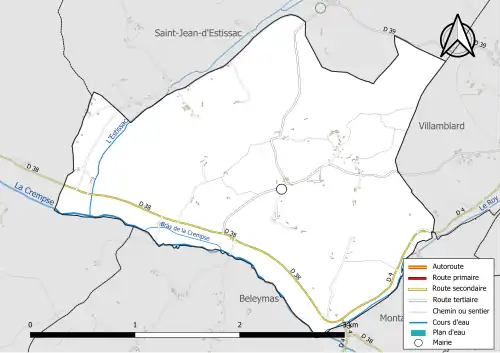 Carte en couleur présentant le réseau hydrographique de la commune
