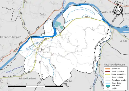 Carte en couleur présentant le réseau hydrographique de la commune