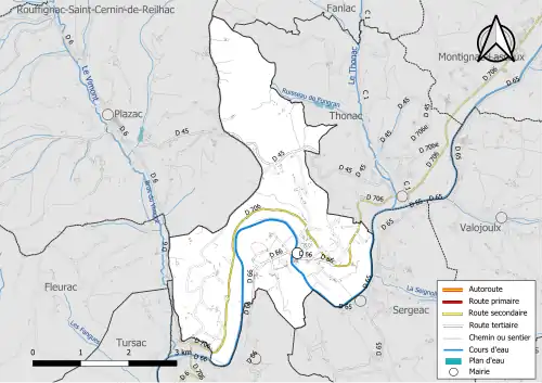 Carte en couleur présentant le réseau hydrographique de la commune