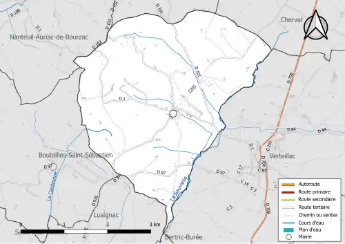 Carte en couleur présentant le réseau hydrographique de la commune