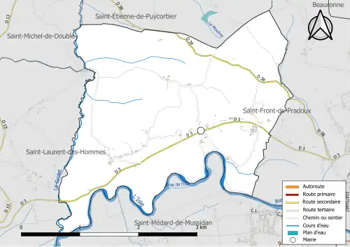 Carte en couleur présentant le réseau hydrographique de la commune