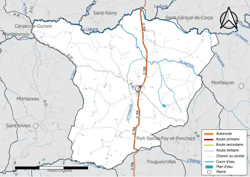 Carte en couleur présentant le réseau hydrographique de la commune