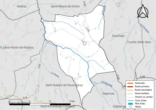Carte en couleur présentant le réseau hydrographique de la commune