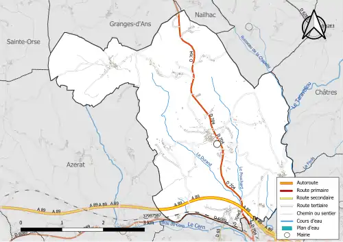 Carte en couleur présentant le réseau hydrographique de la commune