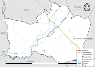 Carte en couleur présentant le réseau hydrographique de la commune