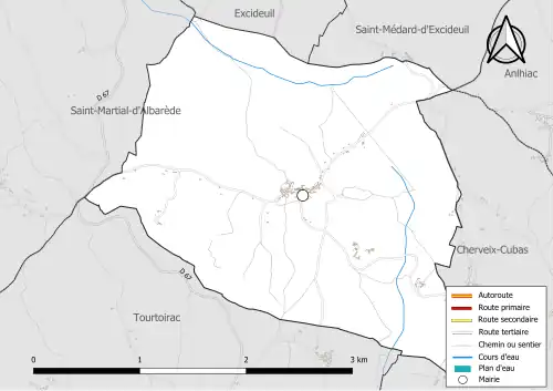 Carte en couleur présentant le réseau hydrographique de la commune