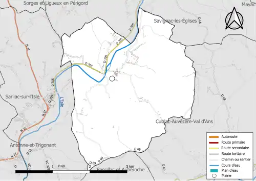 Carte en couleur présentant le réseau hydrographique de la commune