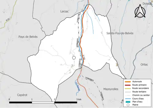 Carte en couleur présentant le réseau hydrographique de la commune