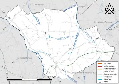 Carte en couleur présentant le réseau hydrographique de la commune