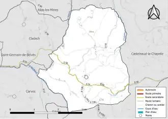 Carte en couleur présentant le réseau hydrographique de la commune