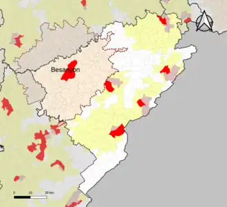 Localisation de l'aire d'attraction de Besançon dans le département du Doubs.