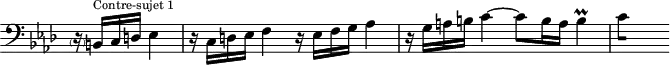 
\version "2.18.2"
\header {
  tagline = ##f
}

\score {
  \new Staff \with {
    \remove "Time_signature_engraver"
  }
<<
  \relative c {
    \clef bass
    \key f \minor
    \time 4/4

     %% CONTRE-SUJET fugue CBT I-12, BWV 857, fa mineur
     \partial 2 \parenthesize r16 b16^\markup{\tiny "Contre-sujet 1"} c d ees4 r16 c16 d ees f4 r16   ees16 f g aes4 r16 g16 a b c4~ c8 b16 a b4\prall 
{ 
 % suppression des warnings :
 #(ly:set-option 'warning-as-error #f)
 #(ly:expect-warning (_ "stem does not fit in beam")) %% <= à traduire éventuellement
 #(ly:expect-warning (_ "beam was started here")) %% <= à traduire éventuellement
  \set stemRightBeamCount = #1
  c4*1/2[ s]
}

  }
>>
  \layout {
     \context { \Score \remove "Metronome_mark_engraver" 
     %\override SpacingSpanner.common-shortest-duration = #(ly:make-moment 1/2) 
}
  }
  \midi {} 
}
