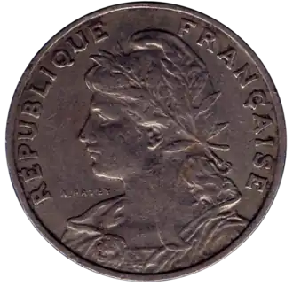 Pièce de 25 centimes, revers, figure de Marianne.