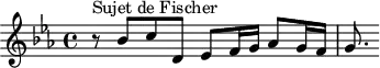 
\version "2.18.2"
\header {
  tagline = ##f
}

\score {
  \new Staff \with {

  }
<<
  \relative c'' {
    \key ees \major
    \time 4/4

     %% SUJET Fischer 
     r8^\markup{Sujet de Fischer} bes8 c d, ees f16 g aes8 g16 f g8.

  }
>>
  \layout {
     \context { \Score \remove "Metronome_mark_engraver" 
     %\override SpacingSpanner.common-shortest-duration = #(ly:make-moment 1/2) 
}
  }
  \midi {} 
}
