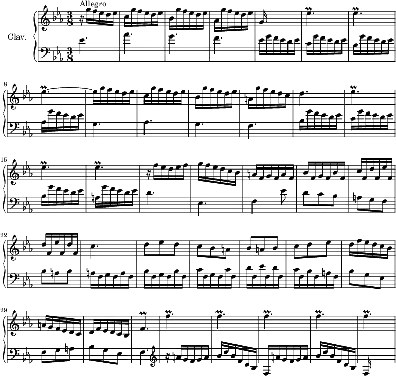 \version "2.18.2"
\header {
tagline = ##f
% composer = "Domenico Scarlatti"
% opus = "K. 307"
% meter = "Allegro"
}
%% les petites notes
trillEesp = { \tag #'print { ees4.\prall } \tag #'midi { f32 ees f ees~ ees4 } }
trillEespL = { \tag #'print { ees4.\prall~ } \tag #'midi { f32 ees f ees~ ees4~ } }
trillEespUp = { \tag #'print { ees'4.\prall } \tag #'midi { f32 ees f ees~ ees4 } }
trillFpUp = { \tag #'print { f'4.\prall } \tag #'midi { g32 f g f~ f4 } }
upper = \relative c'' {
\clef treble
\key ees \major
\time 3/8
\tempo 4. = 72
\set Staff.midiInstrument = #"harpsichord"
\override TupletBracket.bracket-visibility = ##f
s8*0^\markup{Allegro}
r16 g'16 f ees d ees | c16 g' f ees d ees | bes g' f ees d ees | aes, g' f ees d ees | g,16 s16 s4 |
% ms. 6
\trillEespUp \trillEesp \trillEespL | ees16 g16 f ees d ees | c16 g' f ees d ees | bes g' f ees d ees |
% ms. 12
a, g' f ees d c | d4. | \repeat unfold 3 { \trillEesp } | r16 f16 ees d ees f |
% ms. 18
g16 f ees d c bes | a16 f g f a f | bes f g f bes f | c' f, \repeat unfold 2 { d' f, ees' f, } d' f, | c'4. |
% ms. 24
d8 ees d | c bes a | bes a bes | c d ees | d16 f ees d c bes | a g f ees d c |
% ms. 30
d f ees d c bes | \trillFpUp | \repeat unfold 5 { \trillFpUp }
}
lower = \relative c' {
\clef bass
\key ees \major
\time 3/8
\set Staff.midiInstrument = #"harpsichord"
\override TupletBracket.bracket-visibility = ##f
% ************************************** \appoggiatura a16 \repeat unfold 2 { } \times 2/3 { } \omit TupletNumber
ees4. | aes | g | f | ees16 g f ees d ees |
% ms. 6
c16 g' f ees d ees | bes g' f ees d ees | aes, g' f ees d ees | g,4. | aes | g |
% ms. 12
f4. | bes16 g' f ees d ees | c g' f ees d ees | bes g' f ees d ees | a, g' f ees d ees | d4. |
% ms. 18
ees,4. | f4 ees'8 | d c bes | a g f | bes a bes | a16 f g f a f |
% ms. 24
bes16 f g f bes f | c' f, g f c' f, | d' f, ees' f, d' f, | c' f, bes f a f | bes8 g ees | f g a |
% ms. 30
bes8 g ees | f4. | \clef treble r16 \repeat unfold 2 { a'16 g f g a | bes d bes f d bes f } |
}
thePianoStaff = \new PianoStaff <<
\set PianoStaff.instrumentName = #"Clav."
\new Staff = "upper" \upper
\new Staff = "lower" \lower
>>
\score {
\keepWithTag #'print \thePianoStaff
\layout {
#(layout-set-staff-size 17)
\context {
\Score
\override SpacingSpanner.common-shortest-duration = #(ly:make-moment 1/2)
\remove "Metronome_mark_engraver"
}
}
}
\score {
\keepWithTag #'midi \thePianoStaff
\midi { }
}