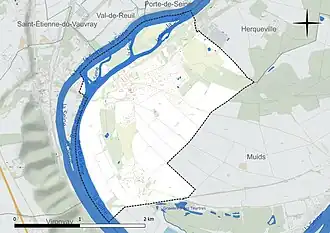 Carte en couleur présentant le réseau hydrographique de la commune