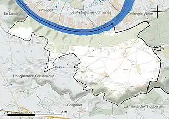 Carte en couleur présentant le réseau hydrographique de la commune