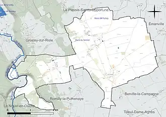 Carte en couleur présentant le réseau hydrographique de la commune