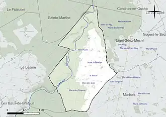 Carte en couleur présentant le réseau hydrographique de la commune