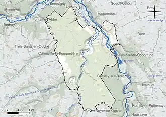Carte en couleur présentant le réseau hydrographique de la commune