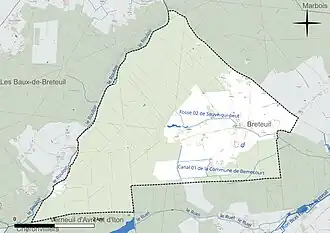 Carte en couleur présentant le réseau hydrographique de la commune