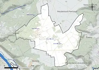 Carte en couleur présentant le réseau hydrographique de la commune