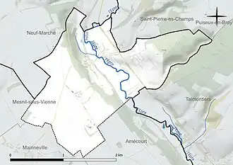 Carte en couleur présentant le réseau hydrographique de la commune