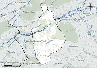 Carte en couleur présentant le réseau hydrographique de la commune