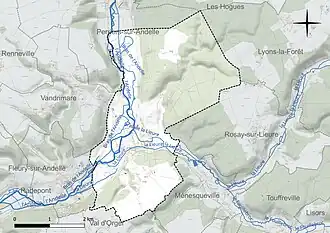 Carte en couleur présentant le réseau hydrographique de la commune