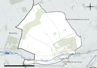 Carte en couleur présentant le réseau hydrographique de la commune
