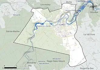Carte en couleur présentant le réseau hydrographique de la commune
