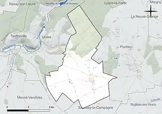 Carte en couleur présentant le réseau hydrographique de la commune