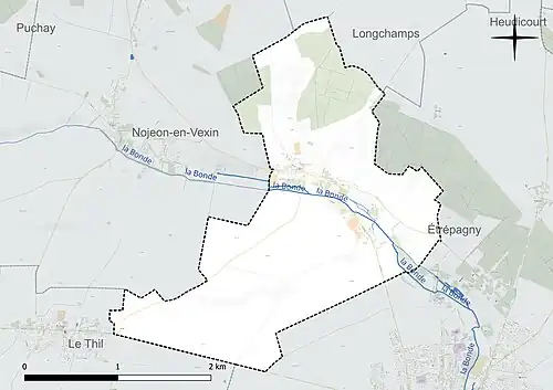 Carte en couleur présentant le réseau hydrographique de la commune