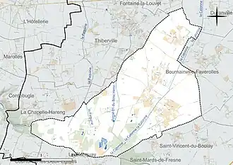 Carte en couleur présentant le réseau hydrographique de la commune