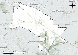 Carte en couleur présentant le réseau hydrographique de la commune