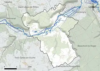 Carte en couleur présentant le réseau hydrographique de la commune