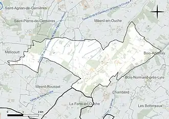 Carte en couleur présentant le réseau hydrographique de la commune