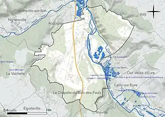 Carte en couleur présentant le réseau hydrographique de la commune