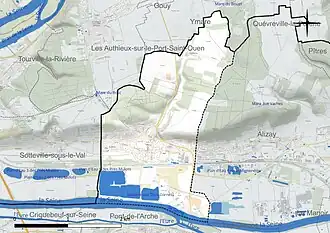 Carte en couleur présentant le réseau hydrographique de la commune