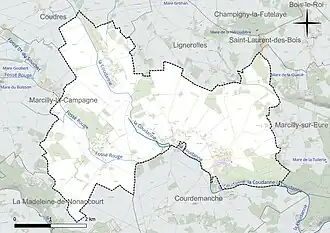 Carte en couleur présentant le réseau hydrographique de la commune