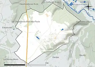 Carte en couleur présentant le réseau hydrographique de la commune