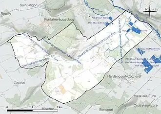 Carte en couleur présentant le réseau hydrographique de la commune
