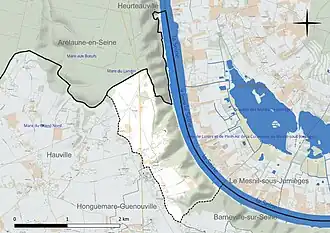 Carte en couleur présentant le réseau hydrographique de la commune