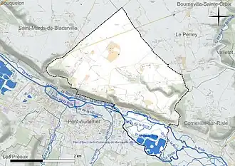 Carte en couleur présentant le réseau hydrographique de la commune