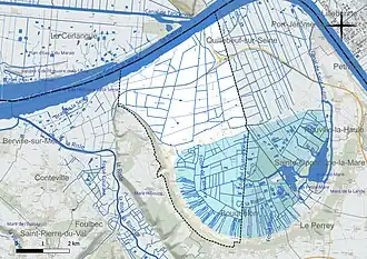 Carte en couleur présentant le réseau hydrographique de la commune