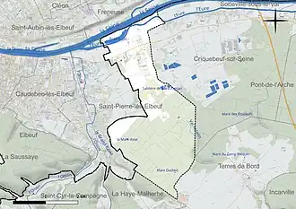 Carte en couleur présentant le réseau hydrographique de la commune