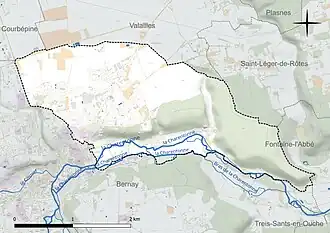 Carte en couleur présentant le réseau hydrographique de la commune